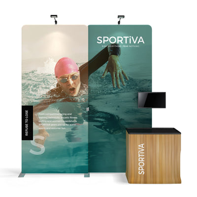 Trade show display featuring SPORTIVA branding with swimmer image and monitor for exhibitions and events