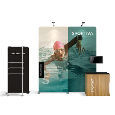 trade show booth with branded backdrop, display shelves, counter, and monitor for exhibitions and events