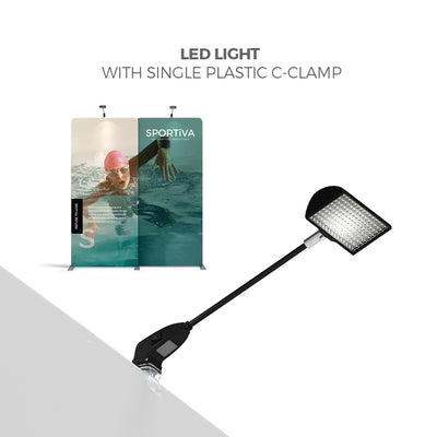 LED light with plastic C-clamp illuminating trade show display panels for exhibitions and events