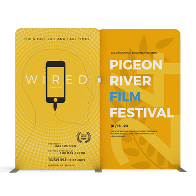 Trade show display with dual-panel graphic promoting Pigeon River Film Festival and Wired short film