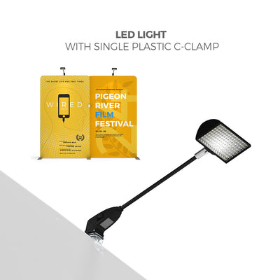 LED light with plastic C-clamp illuminating trade show display panels for exhibitions and events