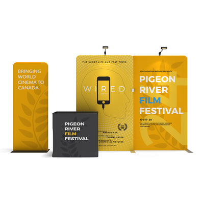 Trade show displays and banners promoting Pigeon River Film Festival for exhibitions and special events
