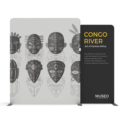 Trade show display with Central African mask art and Congo River exhibition information panel