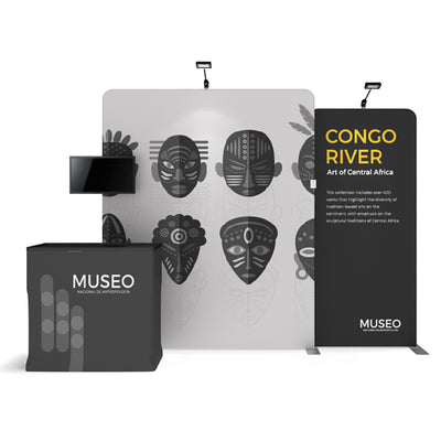 Trade show booth with exhibition backdrop, display screen, and promotional counter for African art museum