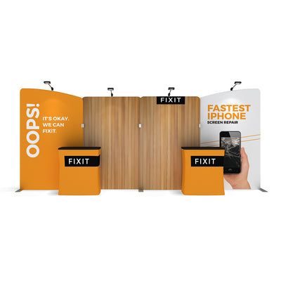 Trade show display booth with branded counters and panels promoting fast iPhone screen repair services