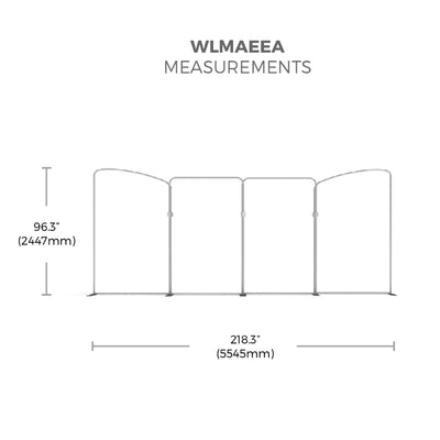 Four-panel trade show display frame with curved tops, 96.3" height and 218.3" width measurement