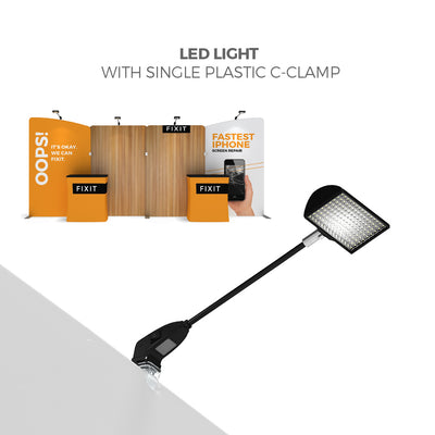 LED light with plastic C-clamp mounted for trade show and exhibition booth lighting