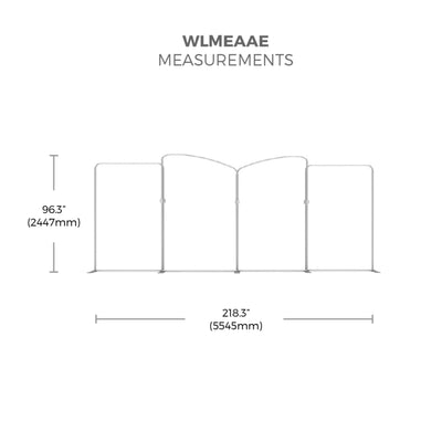 Trade show display frame with wave-like top design showing measurements for exhibitions and special events