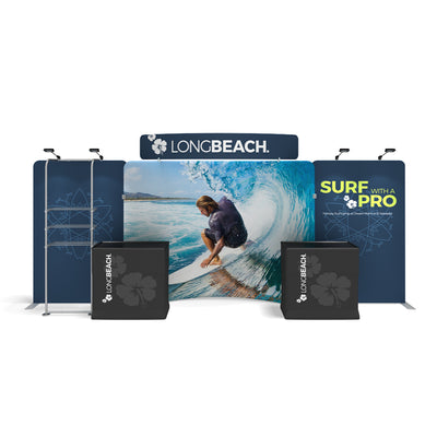 Trade show display with surf-themed graphics and branded counters promoting Long Beach events
