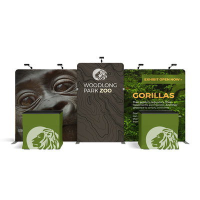 Trade show booth setup with large zoo-themed backdrop panels and branded counters for exhibitions and special events
