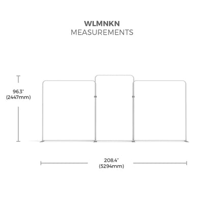 Trade show display frame with triple-panel design and precise measurements for exhibitions and events