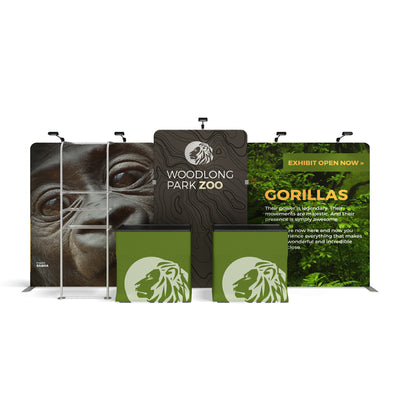 Trade show display with zoo branding featuring gorilla image, logo panels, and exhibit information for events