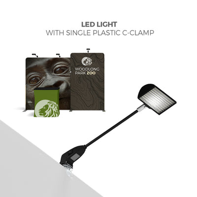 LED light with plastic C-clamp illuminating trade show displays and exhibition stands