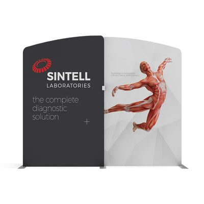 Curved trade show display with medical diagnostic branding and human muscle anatomy illustration