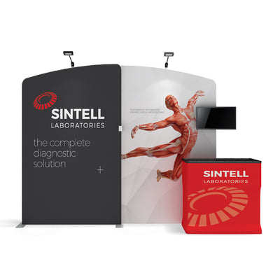 Trade show display with branded backdrop, counter, and mounted monitor for Sintell Laboratories diagnostic solutions