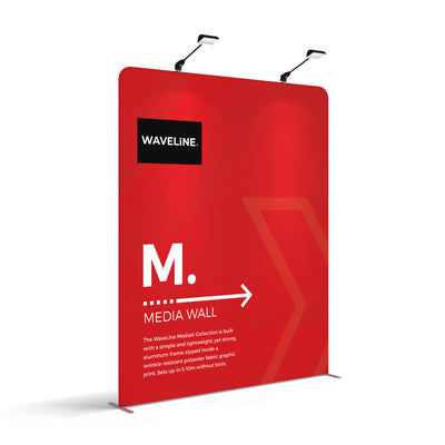 Trade show media wall display with aluminum frame and fabric graphic for exhibitions and events