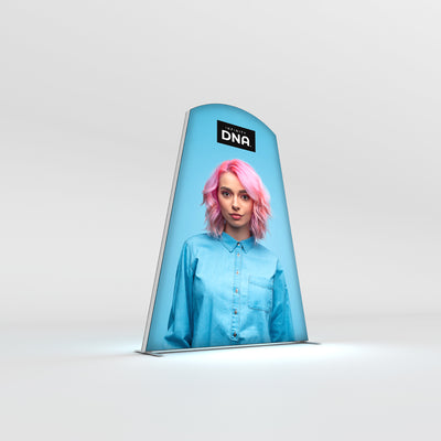 Freestanding curved fabric display with portrait for trade shows, exhibitions, and special events