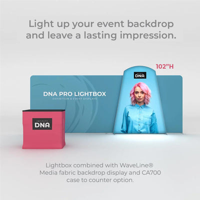 Trade show exhibition setup with DNA Pro Lightbox and WaveLine fabric backdrop for event displays