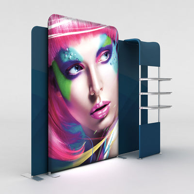 LED backlit display featuring artistic face graphic with attached shelving for trade shows and exhibitions