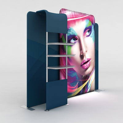 Trade show LED backlit display with curved graphic panel and attached shelving for exhibitions and events