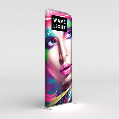 Tall curved LED backlit display panel showcasing colorful face art for trade shows and exhibitions