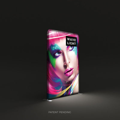 Backlit LED fabric display stand for trade shows and exhibitions featuring vibrant graphic signage