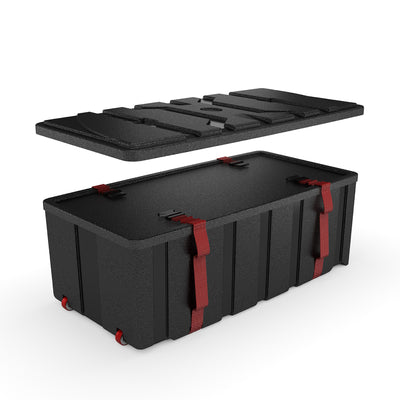 Trade show storage case with detachable foam insert and secure straps for exhibitions and events