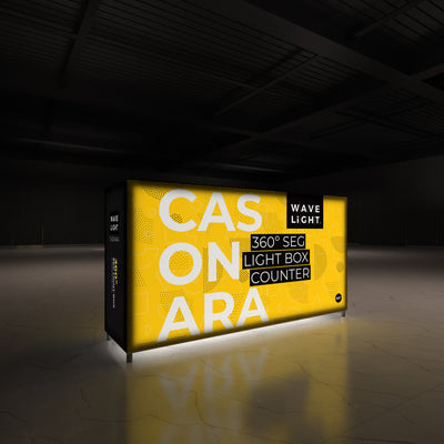 360-degree light box counter display for trade shows and exhibitions in a spacious indoor venue