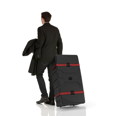 Businessman carrying protective trade show case with wheels for exhibitions and events