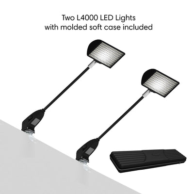 Two LED trade show lights mounted on a surface with a molded soft carrying case for exhibitions