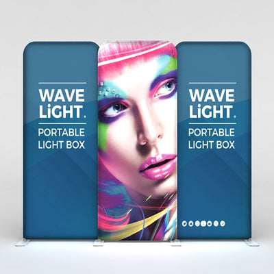 Three portable light box displays for trade shows featuring a vibrant face graphic and brand logo text