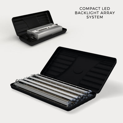 Compact LED backlight array system components neatly stored in soft cases for trade shows and exhibitions