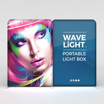 Portable light box display panels showcasing vibrant face art and branding for trade shows and exhibitions