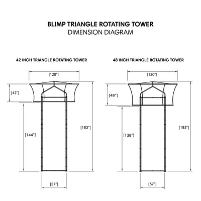 Dimension diagram of blimp triangle rotating towers for trade shows and exhibitions detailing sizes and structure