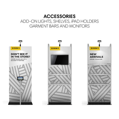 Trade show display stands with add-on lights, shelves, iPad holders, garment bars, and monitors