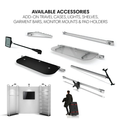 Trade show accessories including shelves, lights, garment bars, monitor mounts, and travel cases for exhibition booths