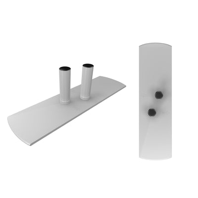 Hardware component for assembling trade show displays with dual cylindrical connectors on a curved base