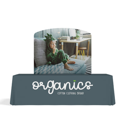 Curved tabletop display with branding and child image for trade shows and exhibitions