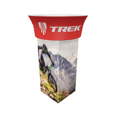 Trade show display tower featuring mountain biking graphic and brand logo for exhibition events