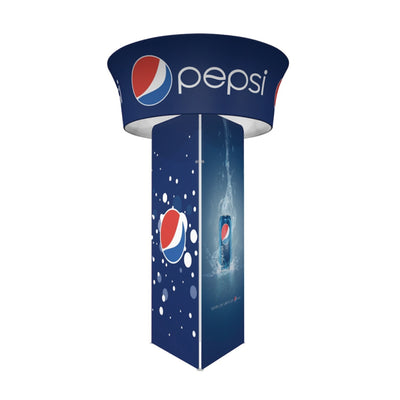 Tall triangular trade show tower with round top banner featuring Pepsi branding and beverage graphics for exhibitions and events