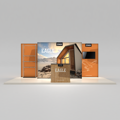Modular trade show display system with graphic panels, shelving, lightbox, and counter for exhibitions