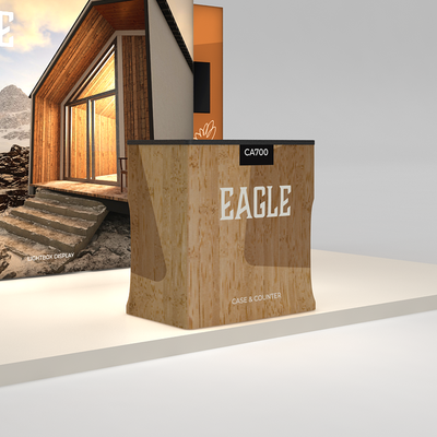 portable trade show case and counter with exhibit backdrop featuring architectural display