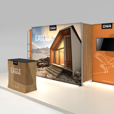 Trade show display featuring a lightbox exhibit system with architectural graphics and case counter
