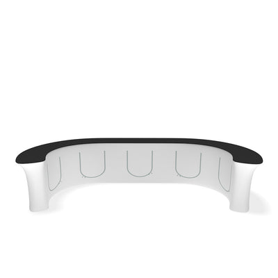 Curved exhibition counter with fabric cover and black top, designed for trade show information desk
