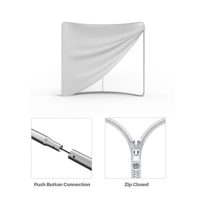 Curved tension fabric trade show display with push button frame connection and zip closure details