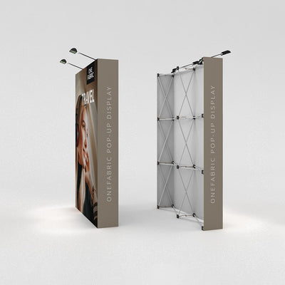 Two fabric pop-up displays with lights, designed for trade shows and exhibitions