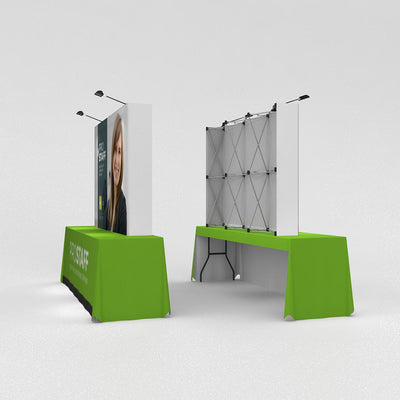 Portable pop-up trade show displays with graphic panels and table covers for events and exhibitions