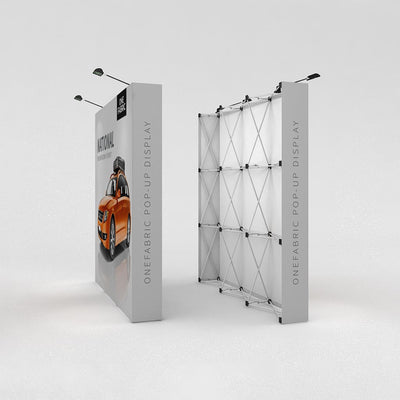 Trade show fabric pop-up display booth with frame structure and mounted lights for exhibitions