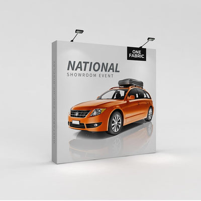 Fabric pop-up display booth for trade shows featuring car graphic and event branding