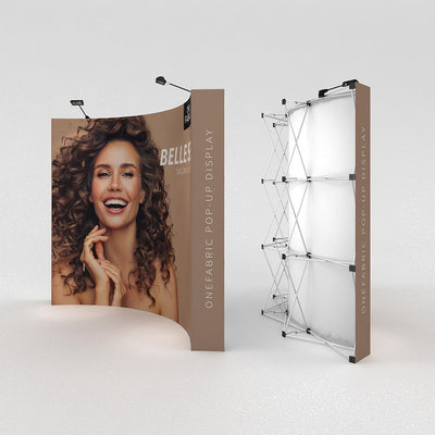 Fabric pop-up display with a smiling woman for trade shows and exhibitions, including frame and lights